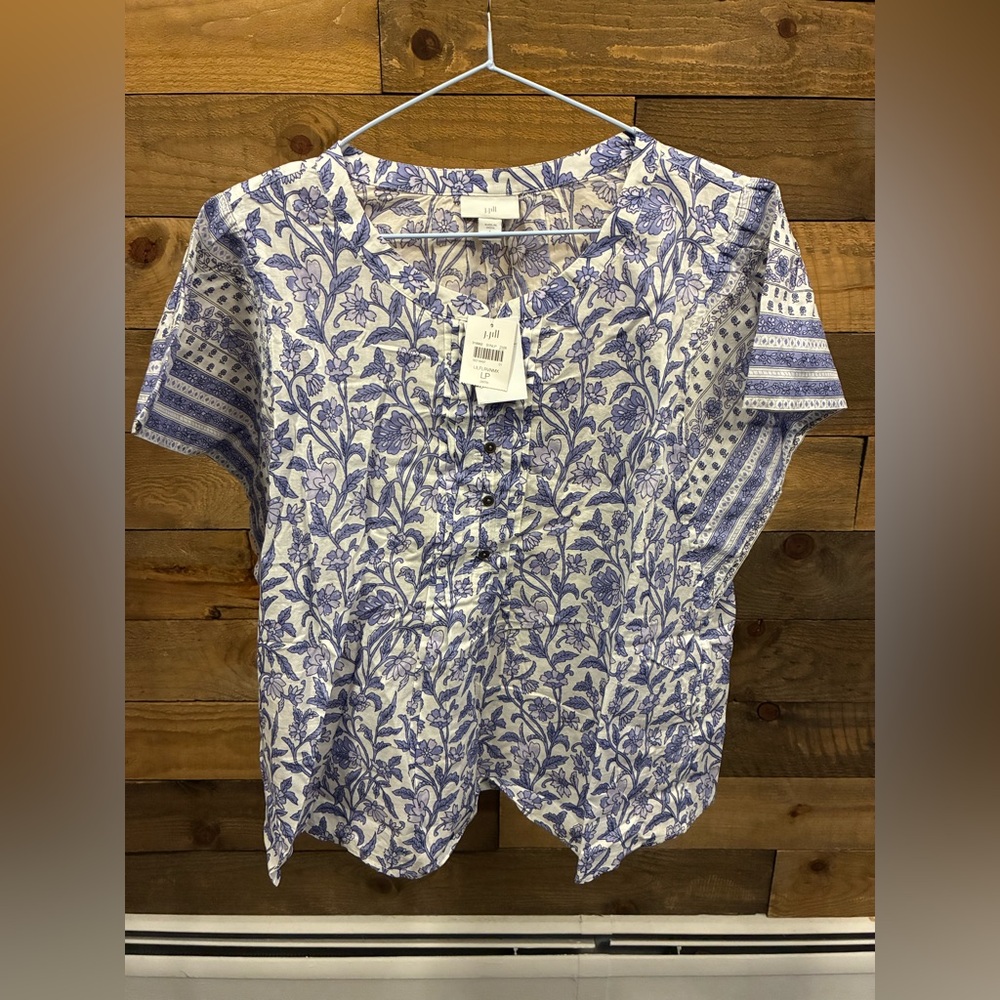 J. Jill White and Blue Floral Short Sleeve Blouse